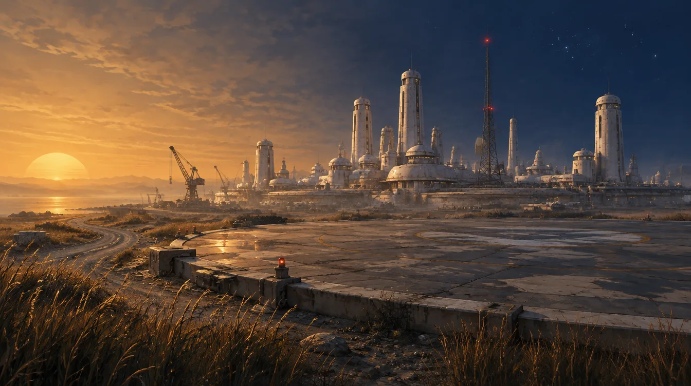 Lowmeridian, pelabuhan koloni tua di garis terminator: menara keramik putih mengelilingi landasan besar yang ditinggalkan, bintang separuh tenggelam di kiri, langit kanan sudah biru malam.
