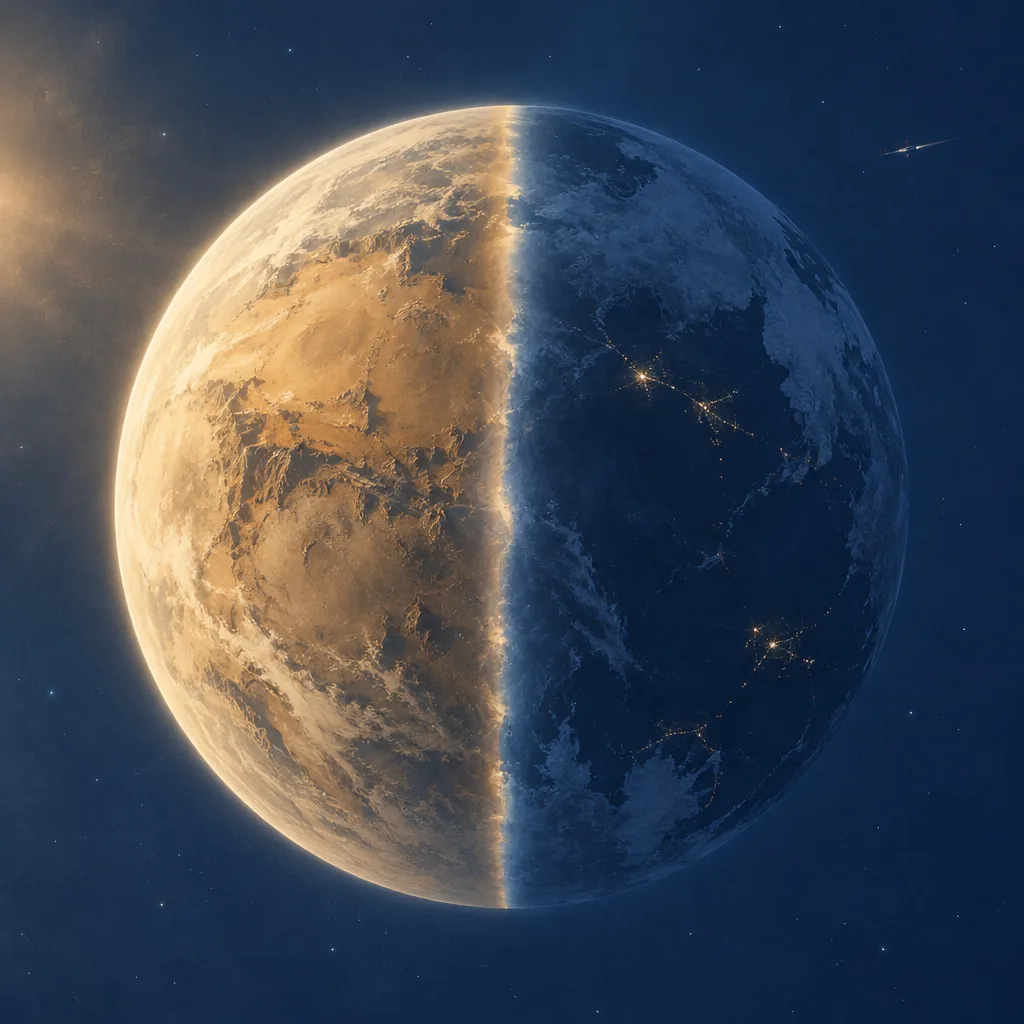 Perihelon dari orbit: bola planet dengan separuh kiri gurun oker yang terang dan separuh kanan es biru gelap dengan titik cahaya kota, dibelah garis senja tipis dari kutub ke kutub.